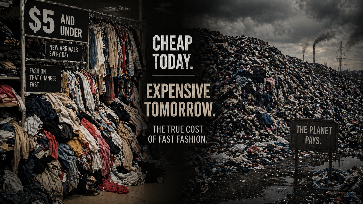 Fast fashion clothing rack representing overconsumption and waste