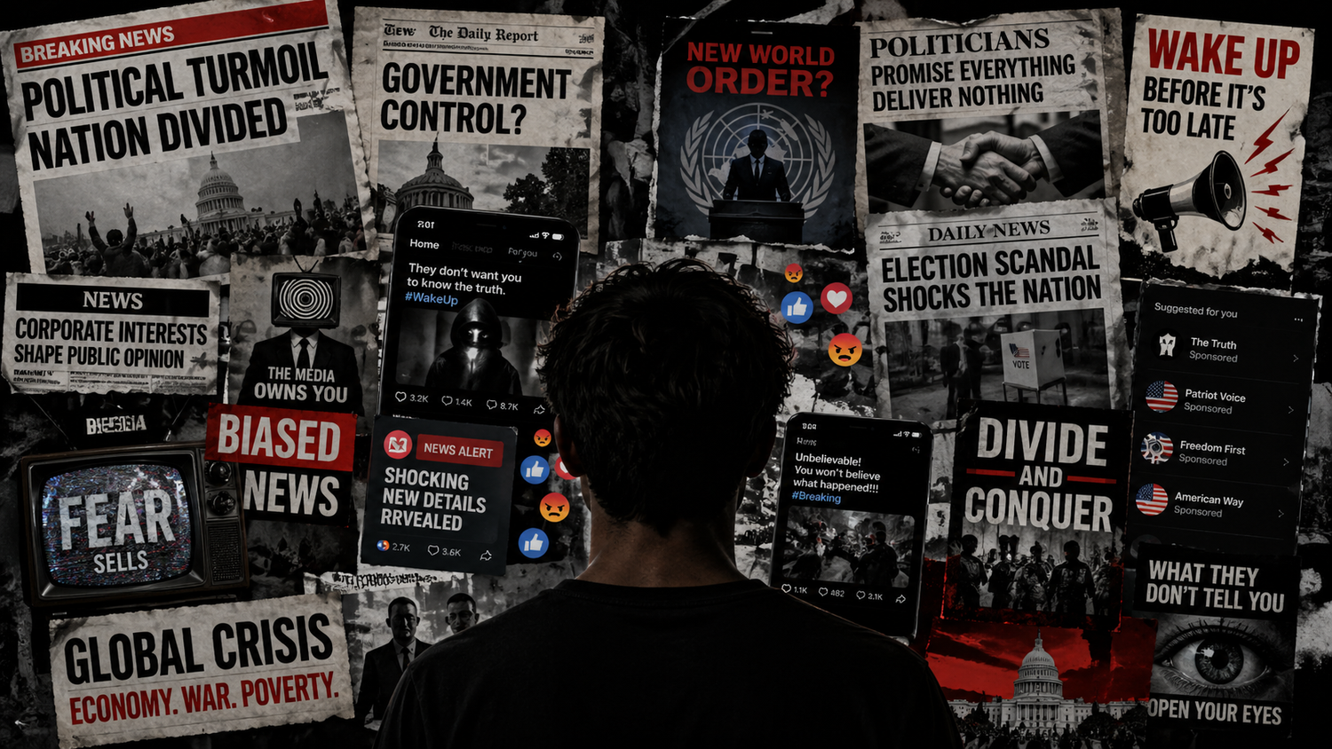 Collage of news screens and political messaging representing modern propaganda
