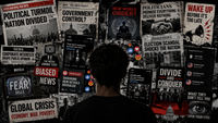 Collage of news screens and political messaging representing modern propaganda